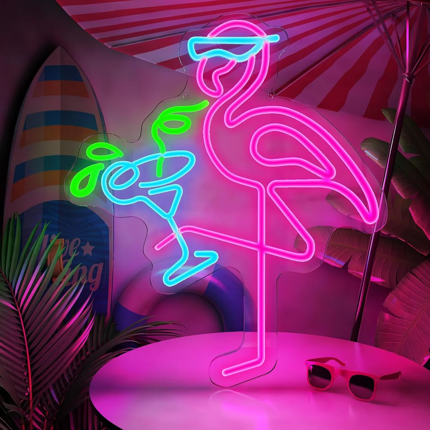 Neon Flamingo Light Up Sign for Hawaii Party, Pink Blue Flamingo Cocktails Neon Sign for Tiki Bar Wall Decor, Tropical Led Sign for Women Girl Bedroom Hawaiian Summer Beer Beach Party Decorations