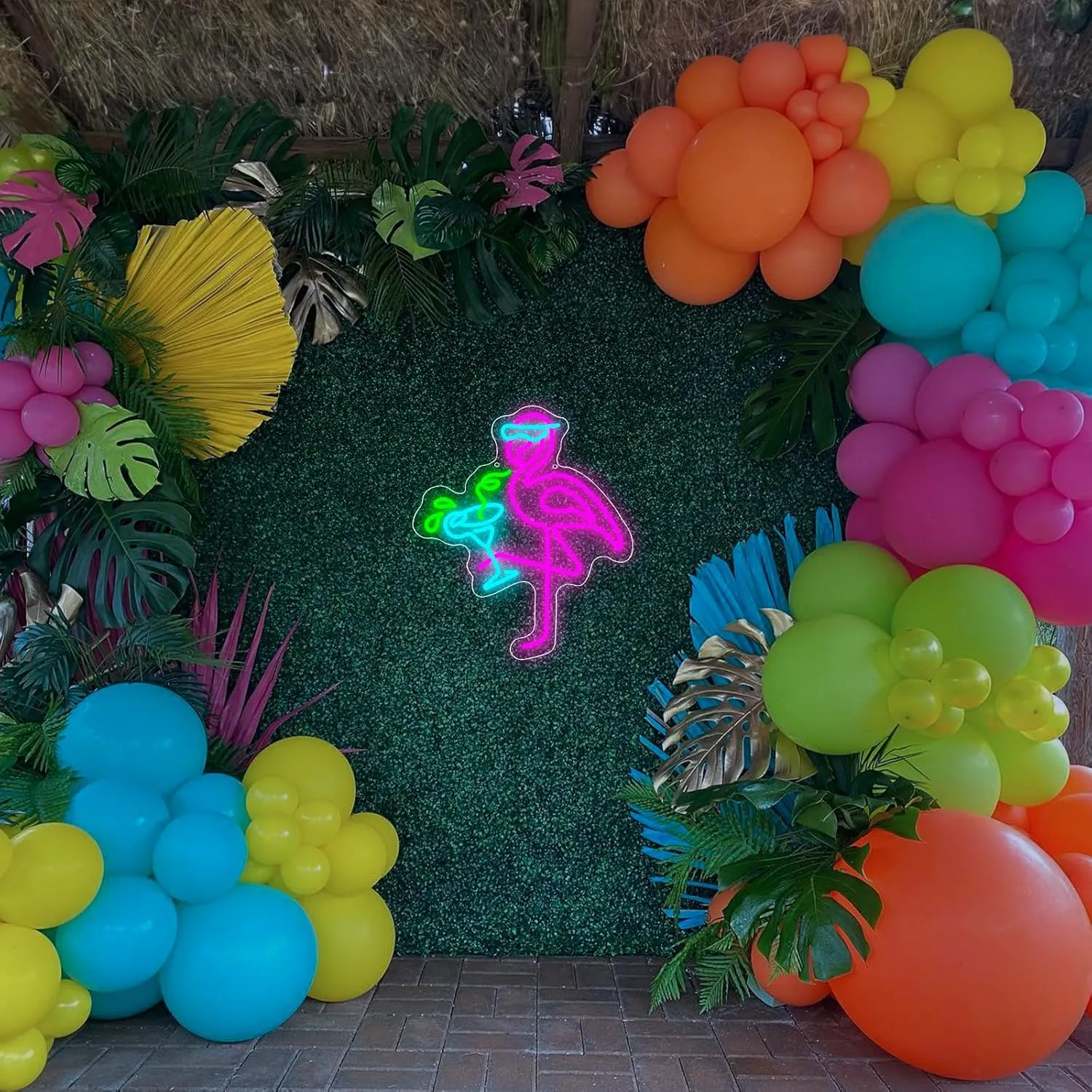 Neon Flamingo Light Up Sign for Hawaii Party, Pink Blue Flamingo Cocktails Neon Sign for Tiki Bar Wall Decor, Tropical Led Sign for Women Girl Bedroom Hawaiian Summer Beer Beach Party Decorations