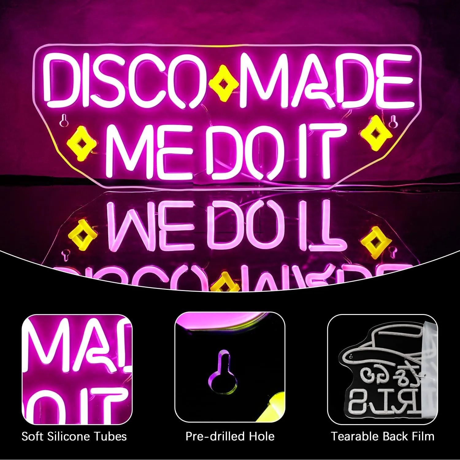 NEONLOVE Disco Made Me Do It Neon Sign - Pink Acrylic USB Disco Light Up Sign for Wall Decor, Bedroom, Bar, Party, Birthday