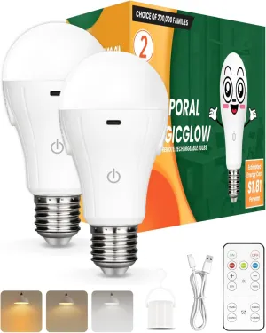 Neporal MagicGlow Rechargeable Light Bulbs with Remote, 3-Color Shift 1800K-4000K-6000K, Dimmable, USB Rechargeable Battery Operated Light Bulb Up to 20 Hours, 15W A19 LED Emergency Light Bulbs, 2PK