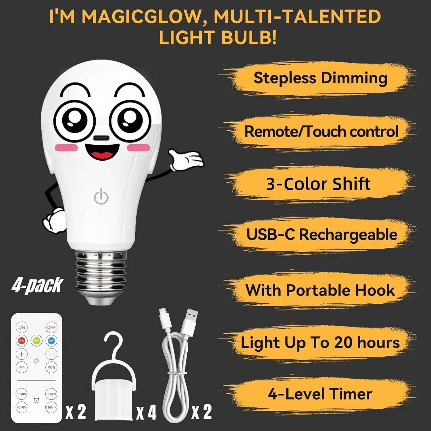 Neporal MagicGlow Rechargeable Light Bulbs with Remote, 3-Color Shift 1800K-4000K-6000K, Dimmable, USB Rechargeable Battery Operated Light Bulb Up to 20 Hours, 15W A19 LED Emergency Light Bulbs, 2PK