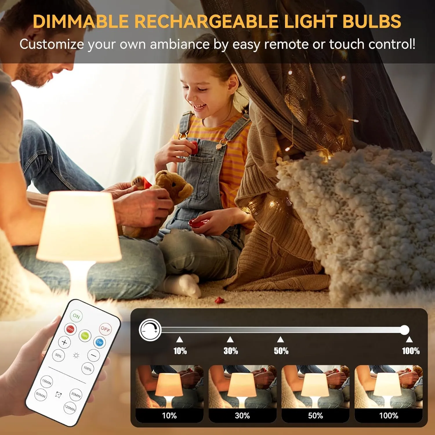 Neporal MagicGlow Rechargeable Light Bulbs with Remote, 3-Color Shift 1800K-4000K-6000K, Dimmable, USB Rechargeable Battery Operated Light Bulb Up to 20 Hours, 15W A19 LED Emergency Light Bulbs, 2PK