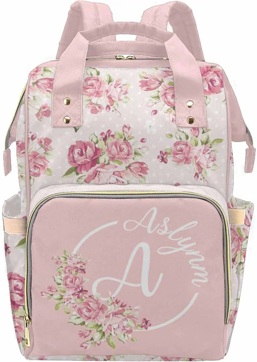 Newcos Custom Name Baby Diaper Bag with Initials for Mother's Day, Personalized Pink Floral Nursing Mommy Daypack Nylon Waterproof Travel Backpack with Large Capacity for Women
