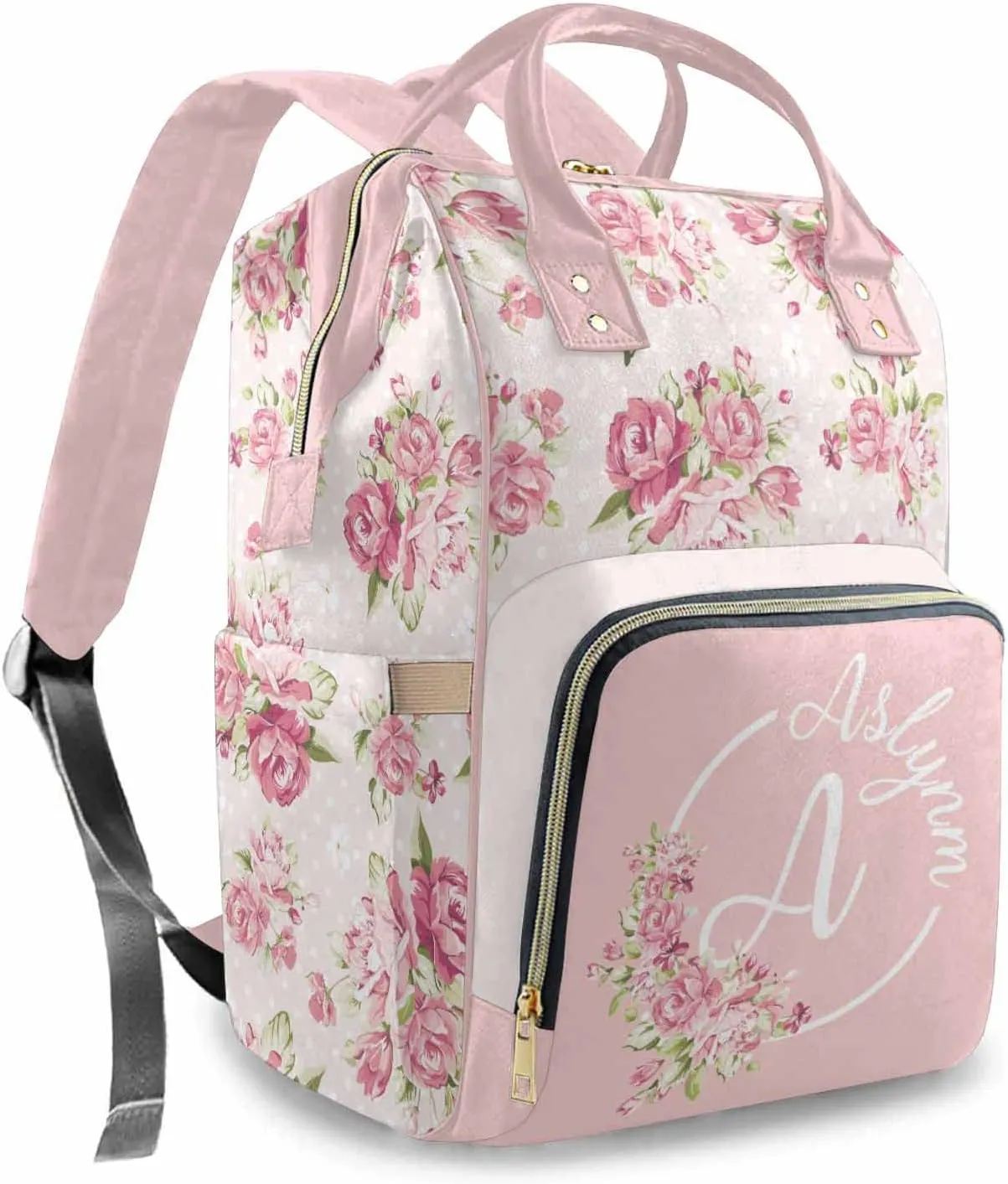 Newcos Custom Name Baby Diaper Bag with Initials for Mother's Day, Personalized Pink Floral Nursing Mommy Daypack Nylon Waterproof Travel Backpack with Large Capacity for Women