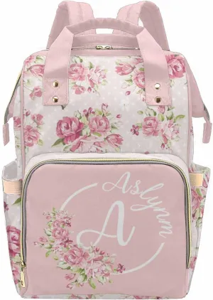Newcos Custom Name Baby Diaper Bag with Initials for Mother's Day, Personalized Pink Floral Nursing Mommy Daypack Nylon Waterproof Travel Backpack with Large Capacity for Women