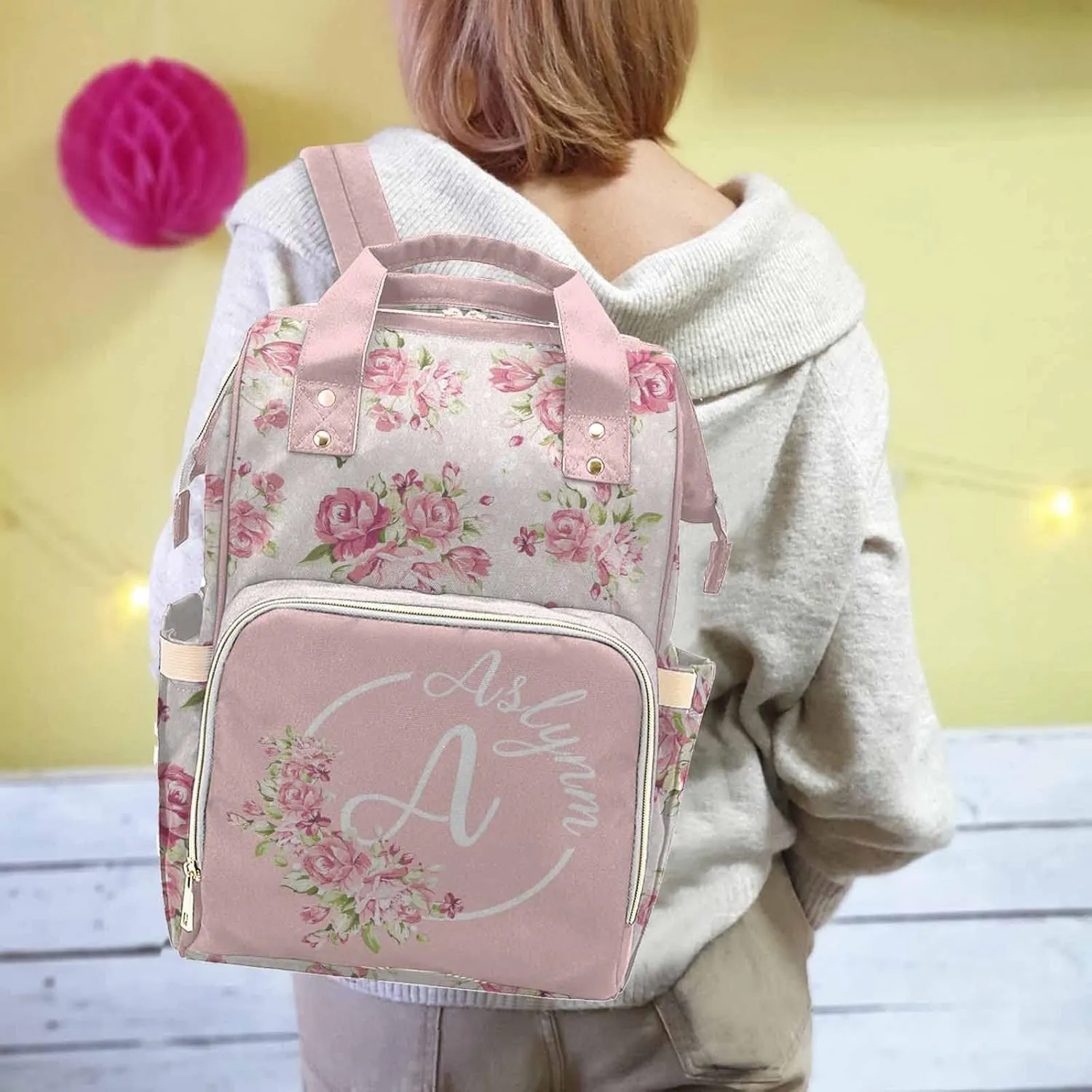 Newcos Custom Name Baby Diaper Bag with Initials for Mother's Day, Personalized Pink Floral Nursing Mommy Daypack Nylon Waterproof Travel Backpack with Large Capacity for Women