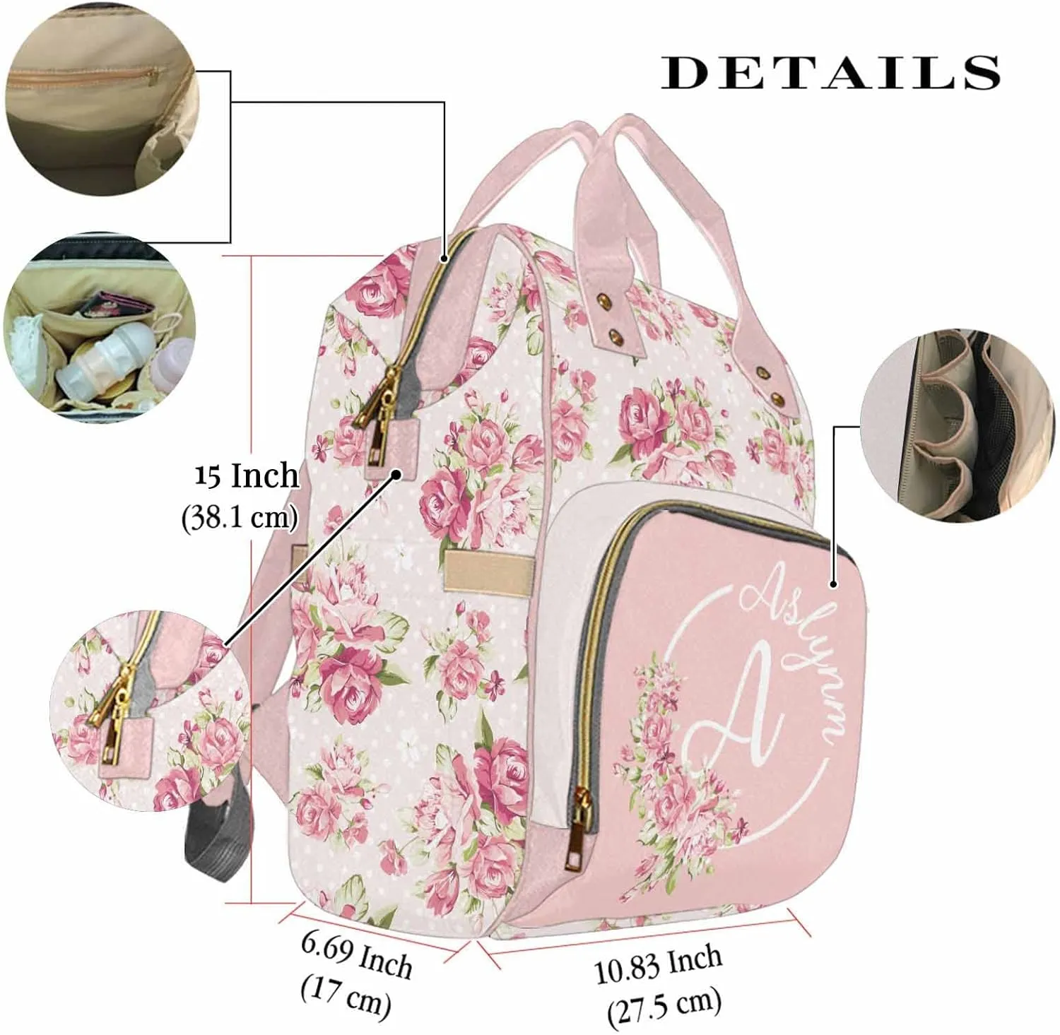Newcos Custom Name Baby Diaper Bag with Initials for Mother's Day, Personalized Pink Floral Nursing Mommy Daypack Nylon Waterproof Travel Backpack with Large Capacity for Women