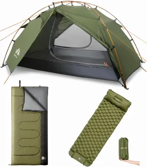 Night Cat Backpacking Tent with Inflatable Sleeping Pad Sleeping Bag for 2 Persons Outdoors Easy Clip Setup Tent Camping Combo Set