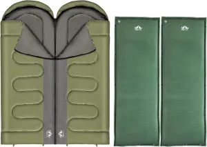 Night Cat Double Sleeping Bag with Night Cat Self-Inflating Sleeping Pad 2 Person Sleeping Bags for Adults Camping Green Temperature 5-15℃ 4.59x7.55ft All Seasons
