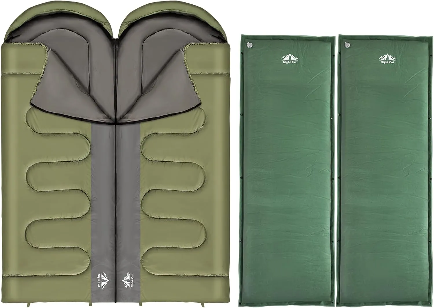 Night Cat Double Sleeping Bag with Night Cat Self-Inflating Sleeping Pad 2 Person Sleeping Bags for Adults Camping Green Temperature 5-15℃ 4.59x7.55ft All Seasons
