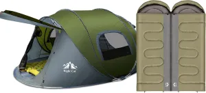 Night Cat Pop-up Camping Tent with Double Sleeping Bag: 2 Person Tent Waterproof Instant Easy Setup Family Tent