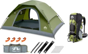 Night Cat Upgraded Backpacking Tents with 90L Hiking Backpack for 2 Person Outdoors Easy Clip Setup Tent Camping Combo Set