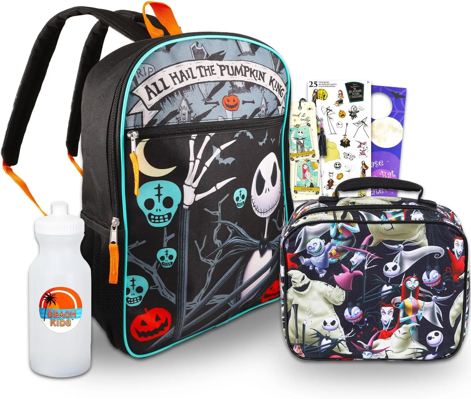 Nightmare Before Christmas Backpack and Lunch Bag Set - Bundle with 16" Jack Skellington Backpack, Lunch Box, Water Bottle, Stickers, More | Nightmare Before Christmas Bag for School