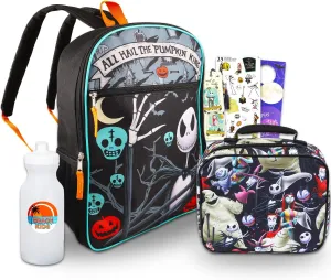 Nightmare Before Christmas Backpack and Lunch Bag Set - Bundle with 16" Jack Skellington Backpack, Lunch Box, Water Bottle, Stickers, More | Nightmare Before Christmas Bag for School