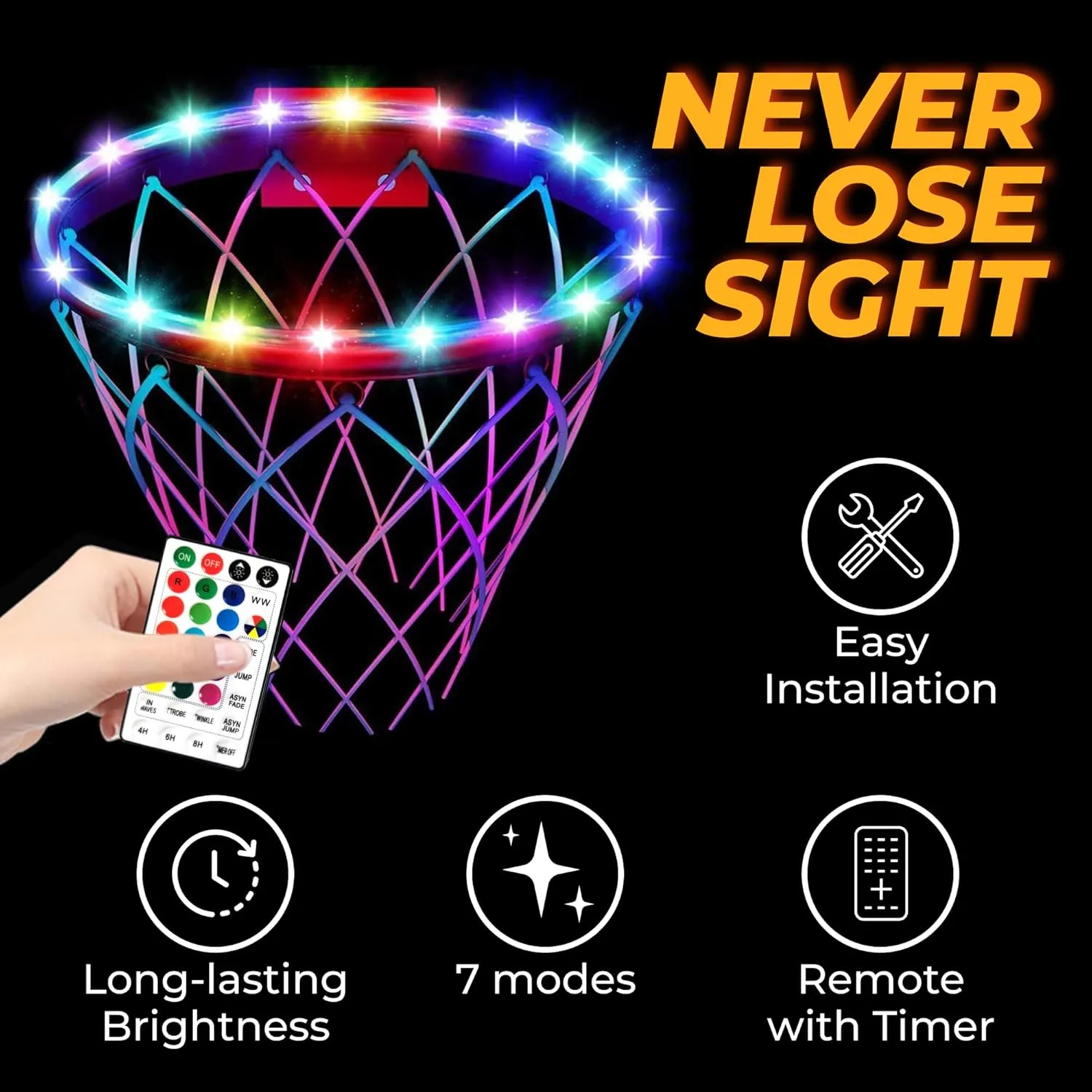 NIGHTMATCH LED Basketball Hoop Light - Color Changing, Motion Sensing, 5m - Light Up Basketball, Glow in The Dark Basketball Light