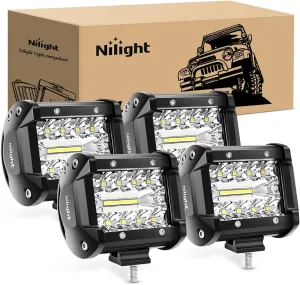 Nilight 4Pcs LED Pods 4Inch 60W Triple Row Flood Spot Combo 6000LM Light Bar Driving Fog Lights Off Road Lighting for Trucks Pickup Golf Cart SUV ATV UTV 4x4 Van Camper Boat