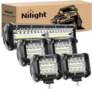 Nilight LED Light Bar 12 Inch 300W 4Pcs 4 Inch 60W Spot Flood Pods Off Road Driving Fog Work Lighting for Truck Tractor Pickup Boat SUV ATV UTV Car 4x4 Van Camper Motorcycle Dirt Bike Golf Cart