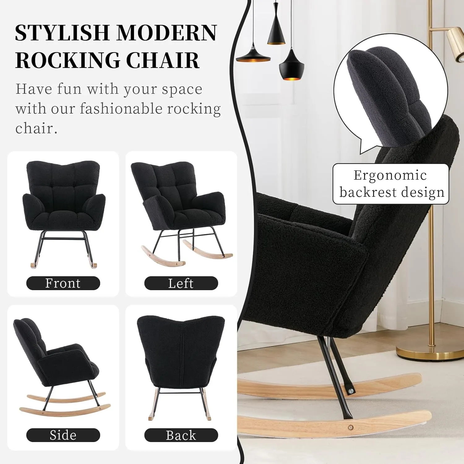 NIOIIKIT Nursery Rocking Chair Teddy Upholstered Glider Rocker Rocking Accent Chair Padded Seat with High Backrest Armchair Comfy Side Chair for Living Room Bedroom Offices (Black Teddy)