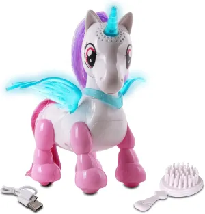 NKOK USB PetBotz - Robo Unicorn, Rechargeable, Miniature, Interactive pet Robot, Lights up, Sound Activated, Makes Noises on Command, Comes with Necklace and Hair Brush, USB Charger Included