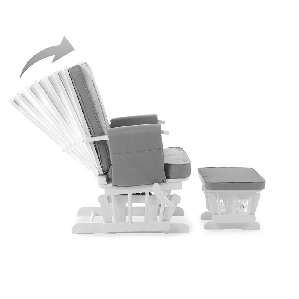 OBABY Deluxe Reclining Glider Chair and Stool - White with Grey Cushion