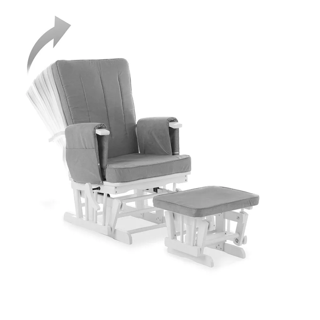 OBABY Deluxe Reclining Glider Chair and Stool - White with Grey Cushion
