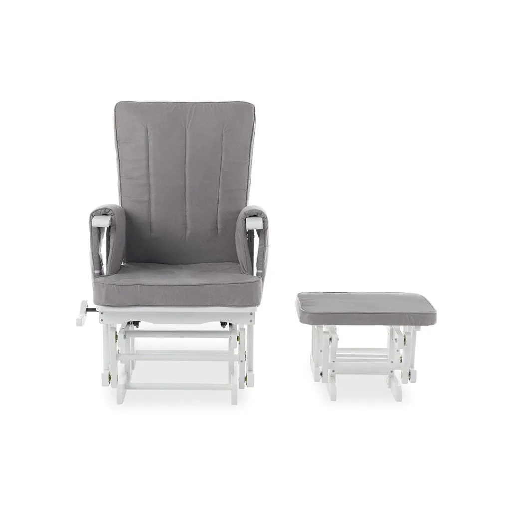 OBABY Deluxe Reclining Glider Chair and Stool - White with Grey Cushion