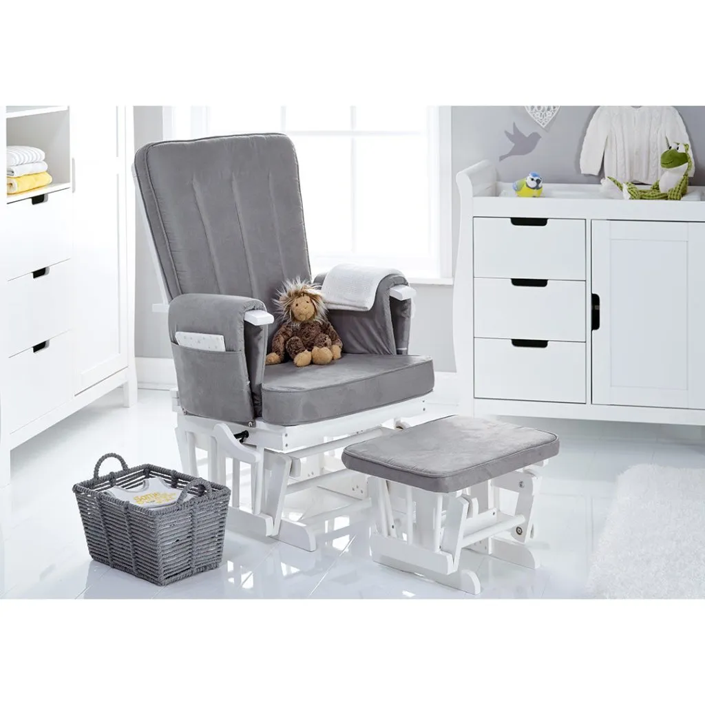OBABY Deluxe Reclining Glider Chair and Stool - White with Grey Cushion