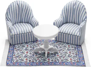 Odoria Dollhouse Side Table and Armchair: 1/12 Scale Miniature Coffee End Table Area Rug for Modern Living Room Office Reading - Mini Bedroom Furniture Set Upholstered Sofa Blue and White