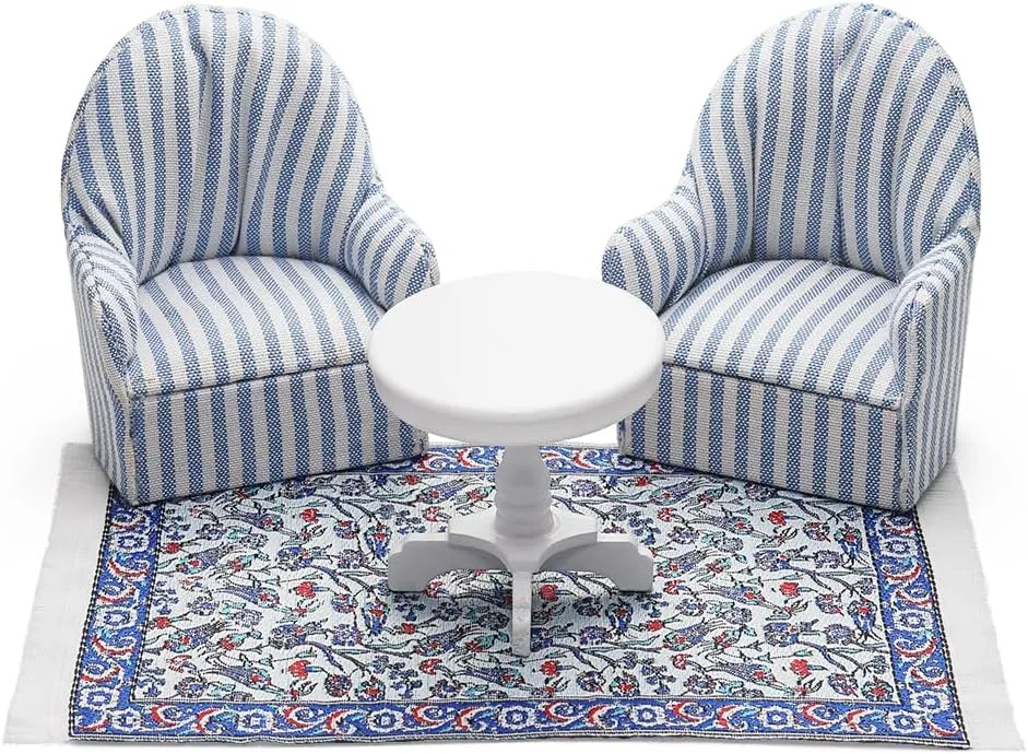 Odoria Dollhouse Side Table and Armchair: 1/12 Scale Miniature Coffee End Table Area Rug for Modern Living Room Office Reading - Mini Bedroom Furniture Set Upholstered Sofa Blue and White