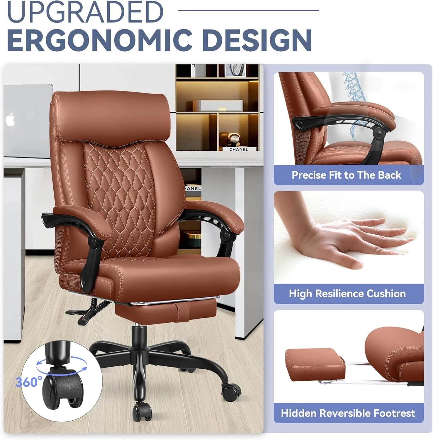 Office Chair, Big and Tall Office Chair, Reclining Office Chair with Footrest Home Office Desk Chairs, High Back Ergonomic Office Chair with Lumbar Support, Executive Leather Office Desk Chair