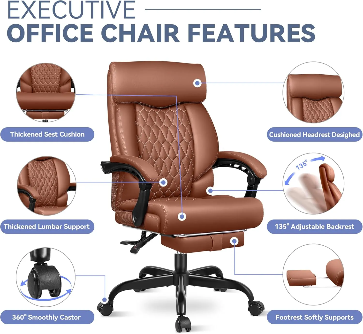 Office Chair, Big and Tall Office Chair, Reclining Office Chair with Footrest Home Office Desk Chairs, High Back Ergonomic Office Chair with Lumbar Support, Executive Leather Office Desk Chair