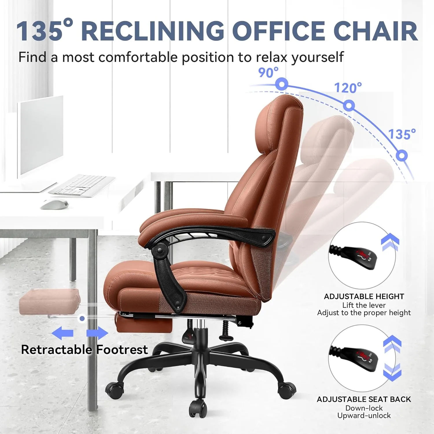 Office Chair, Big and Tall Office Chair, Reclining Office Chair with Footrest Home Office Desk Chairs, High Back Ergonomic Office Chair with Lumbar Support, Executive Leather Office Desk Chair