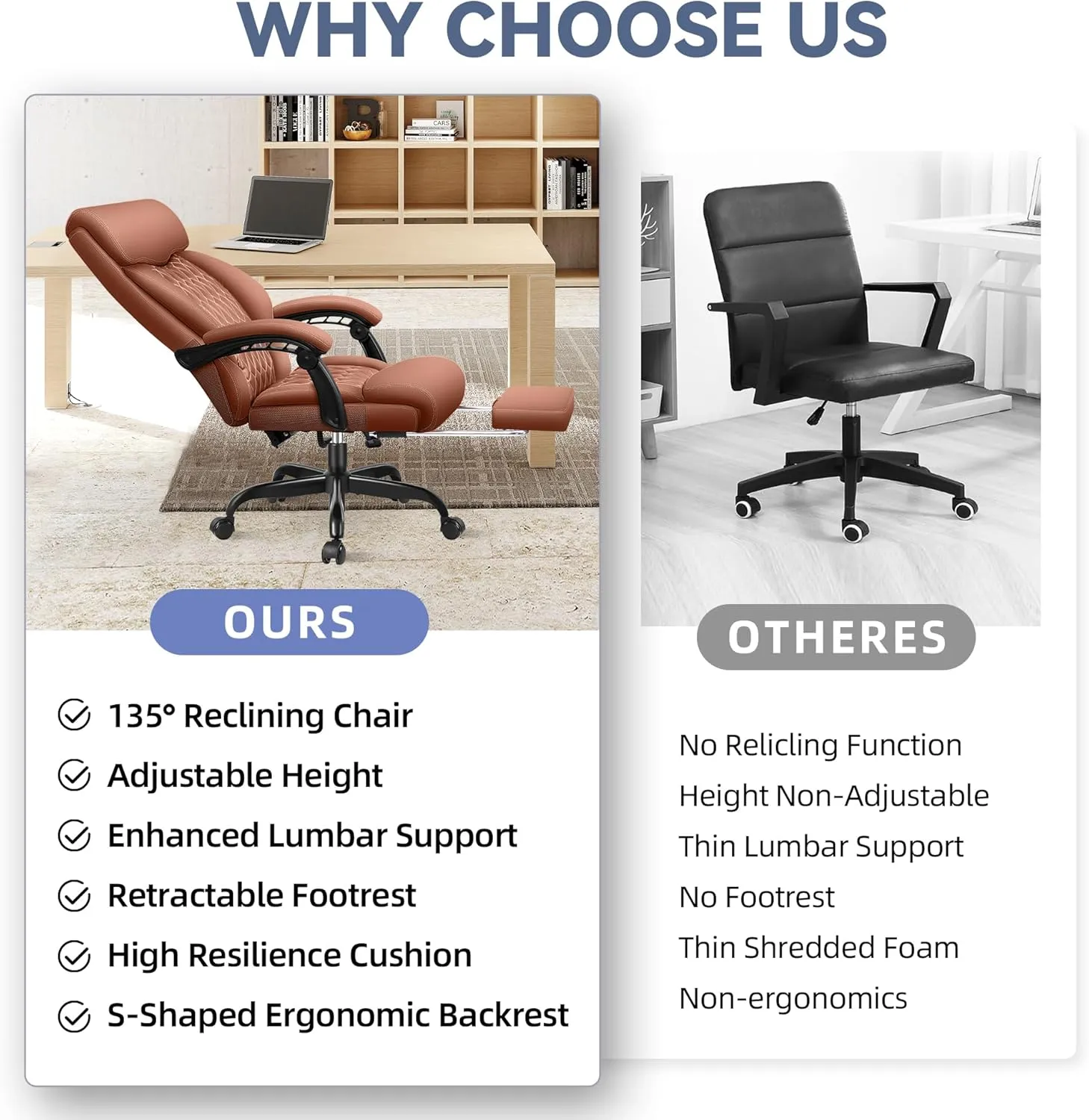 Office Chair, Big and Tall Office Chair, Reclining Office Chair with Footrest Home Office Desk Chairs, High Back Ergonomic Office Chair with Lumbar Support, Executive Leather Office Desk Chair