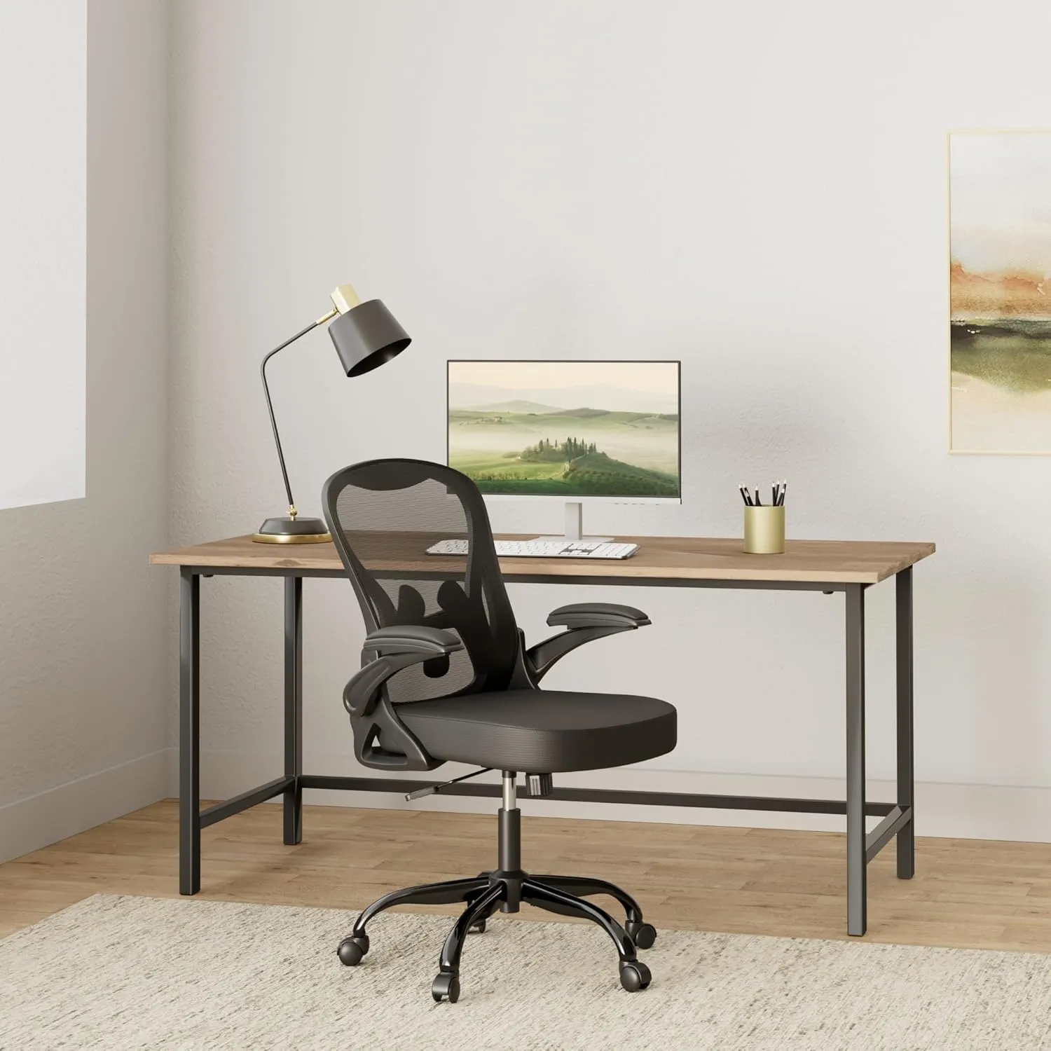 Office Chair Desk Chair, Ergonomic Mesh Computer Chair Home Office Desk Chairs, Swivel Task Chair Mid Back Breathable Rolling Chair with Adjustable Lumbar Support Flip Up Armrest (Black)