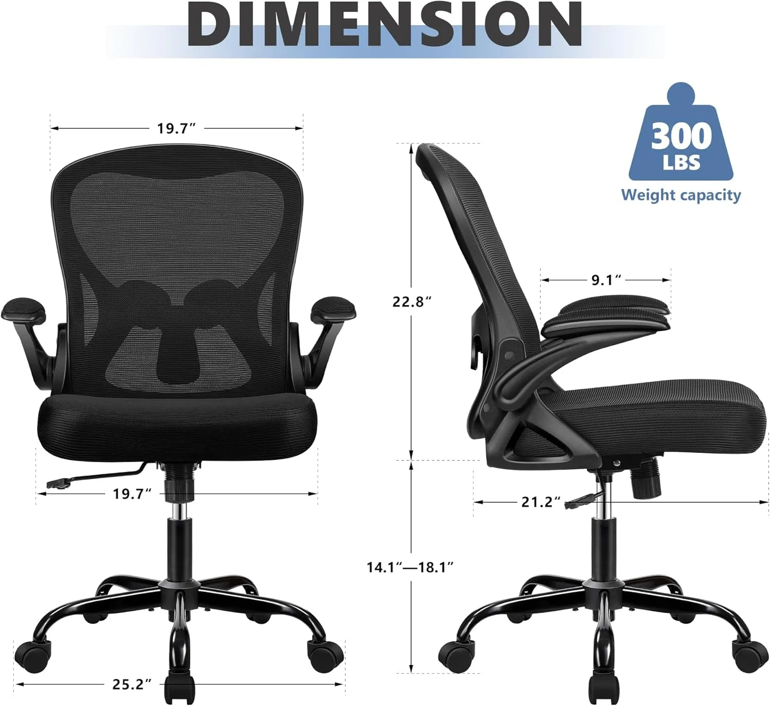 Office Chair Desk Chair, Ergonomic Mesh Computer Chair Home Office Desk Chairs, Swivel Task Chair Mid Back Breathable Rolling Chair with Adjustable Lumbar Support Flip Up Armrest (Black)