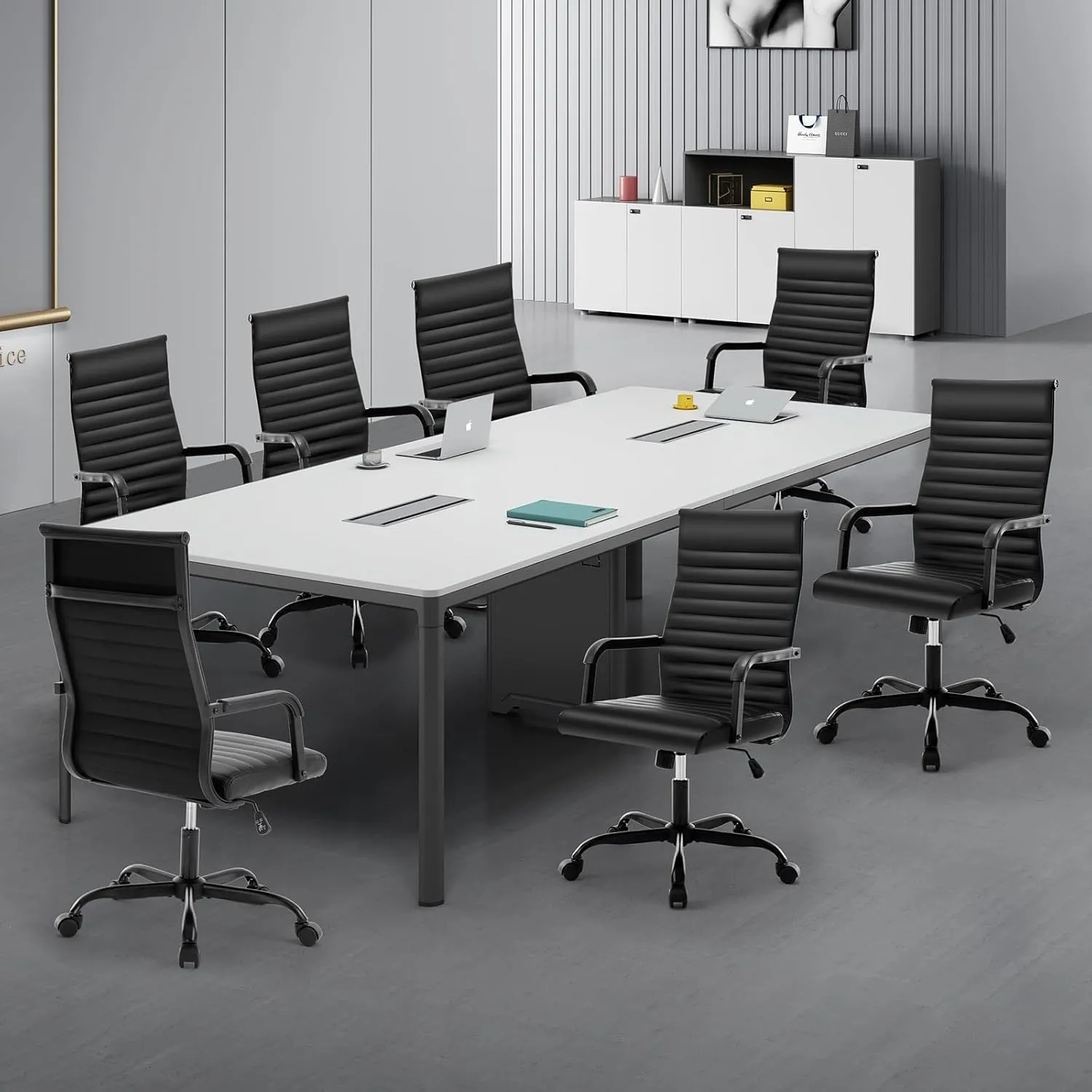 Office Chair, Ergonomic Executive Conference Room Chairs, Ribbed Leather Desk Chair with Lumbar Support, Adjustable Height Mid-Back Swivel Chair with Padded Seat and Square Tube Armrests