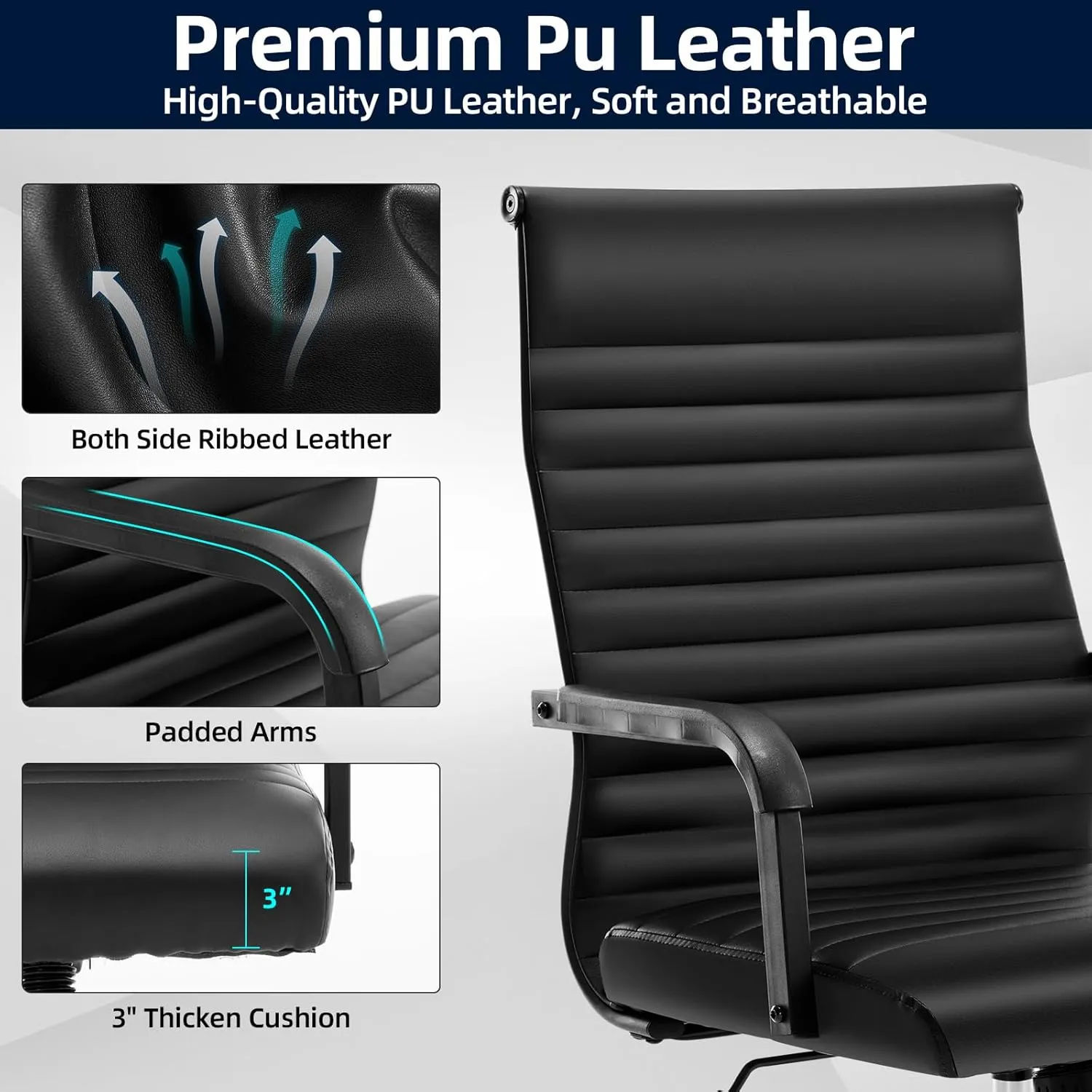 Office Chair, Ergonomic Executive Conference Room Chairs, Ribbed Leather Desk Chair with Lumbar Support, Adjustable Height Mid-Back Swivel Chair with Padded Seat and Square Tube Armrests