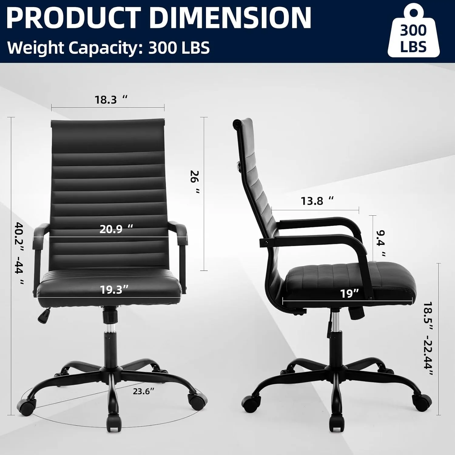 Office Chair, Ergonomic Executive Conference Room Chairs, Ribbed Leather Desk Chair with Lumbar Support, Adjustable Height Mid-Back Swivel Chair with Padded Seat and Square Tube Armrests