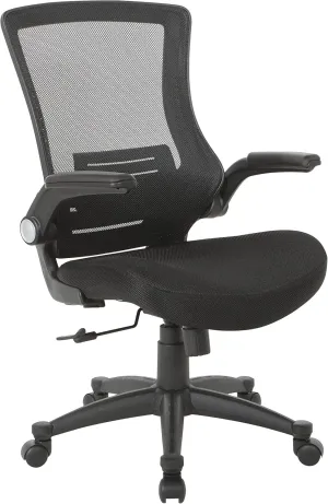 Office Star Black Screen Back Fully Adjustable Manager's Office Chair with Padded Flip Arms and Nylon Base, Black Fabric
