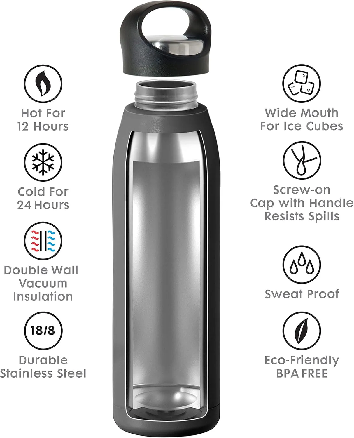OGGI Freestyle Stainless Steel Insulated Water Bottle- Double Wall Vacuum Insulated, Travel Thermos, 23oz(680ml), Black