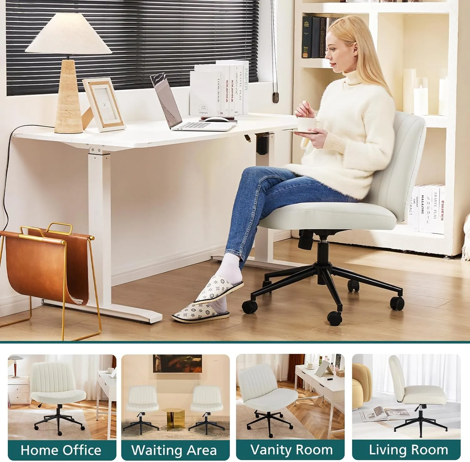 OLIXIS Criss Cross Chairs Legged Armless with Wheels Wide Seat Height Adjustable Swivel Rolling Padded PU Leather Home Office Desk Seating for Bedroom, Student, Study Room