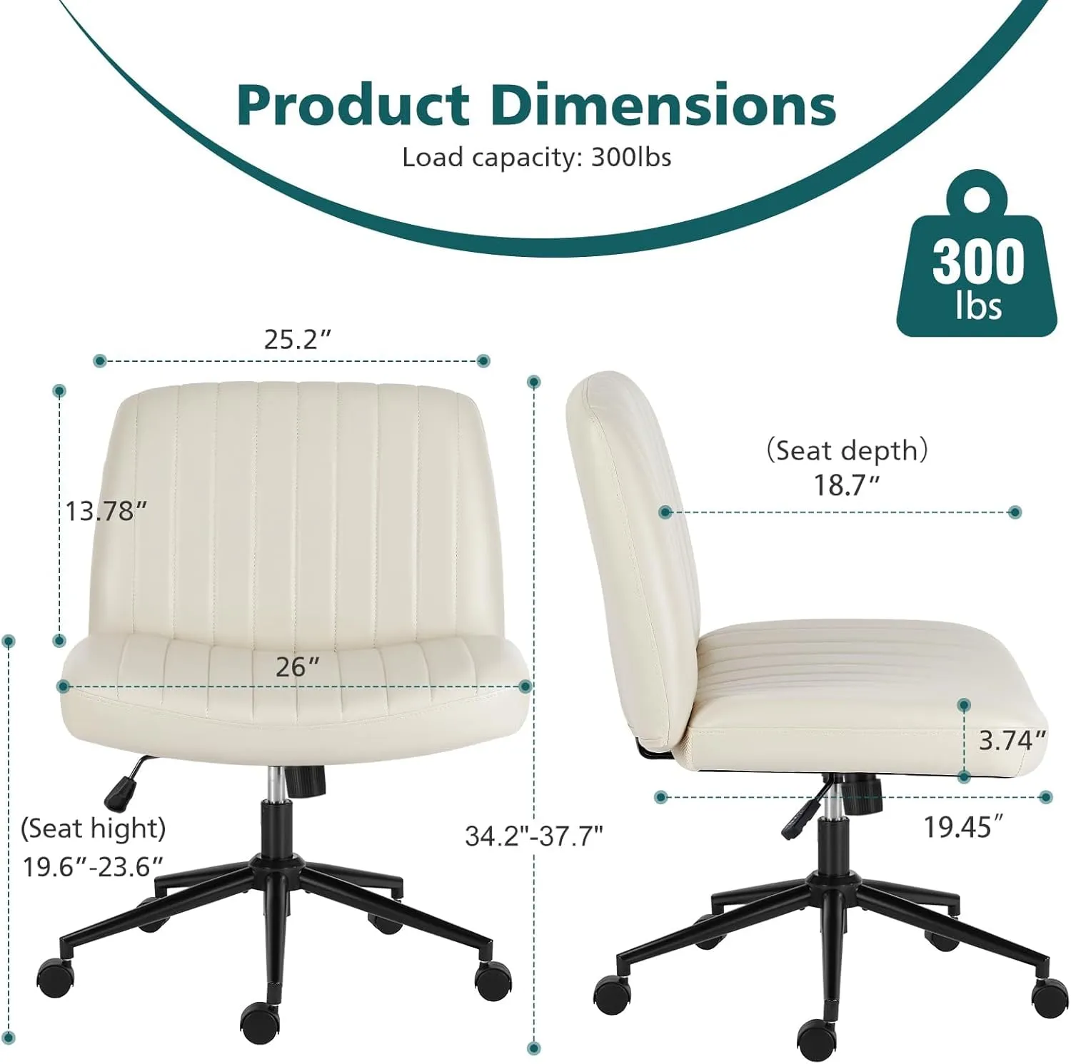 OLIXIS Criss Cross Chairs Legged Armless with Wheels Wide Seat Height Adjustable Swivel Rolling Padded PU Leather Home Office Desk Seating for Bedroom, Student, Study Room