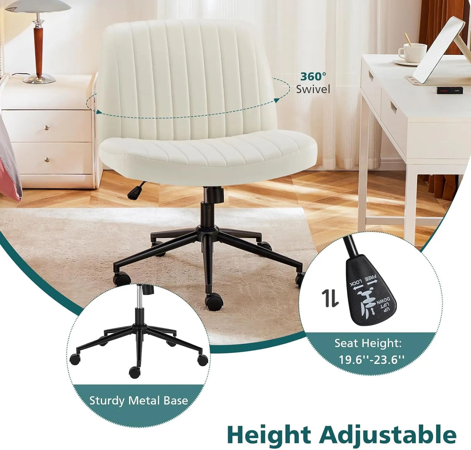 OLIXIS Criss Cross Chairs Legged Armless with Wheels Wide Seat Height Adjustable Swivel Rolling Padded PU Leather Home Office Desk Seating for Bedroom, Student, Study Room