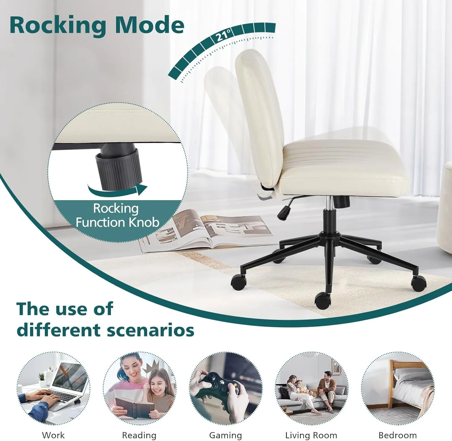 OLIXIS Criss Cross Chairs Legged Armless with Wheels Wide Seat Height Adjustable Swivel Rolling Padded PU Leather Home Office Desk Seating for Bedroom, Student, Study Room