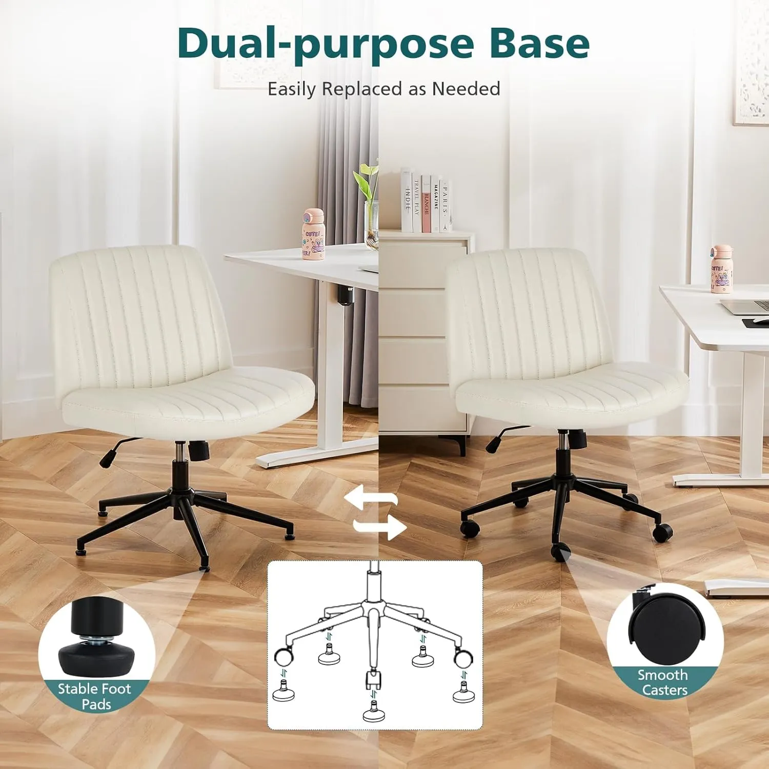 OLIXIS Criss Cross Chairs Legged Armless with Wheels Wide Seat Height Adjustable Swivel Rolling Padded PU Leather Home Office Desk Seating for Bedroom, Student, Study Room