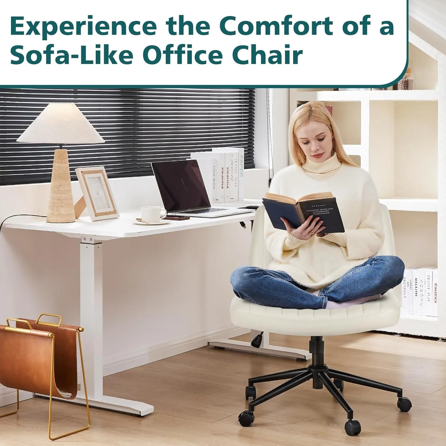 OLIXIS Criss Cross Chairs Legged Armless with Wheels Wide Seat Height Adjustable Swivel Rolling Padded PU Leather Home Office Desk Seating for Bedroom, Student, Study Room