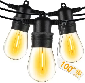 Ollny Outdoor String Lights, 100 FT Waterproof Connectable Patio Lights with 30 Shatterproof Bulbs(3 Spare), Outside Hanging Light for Balcony, Porch, Yard, Garden, Backyard
