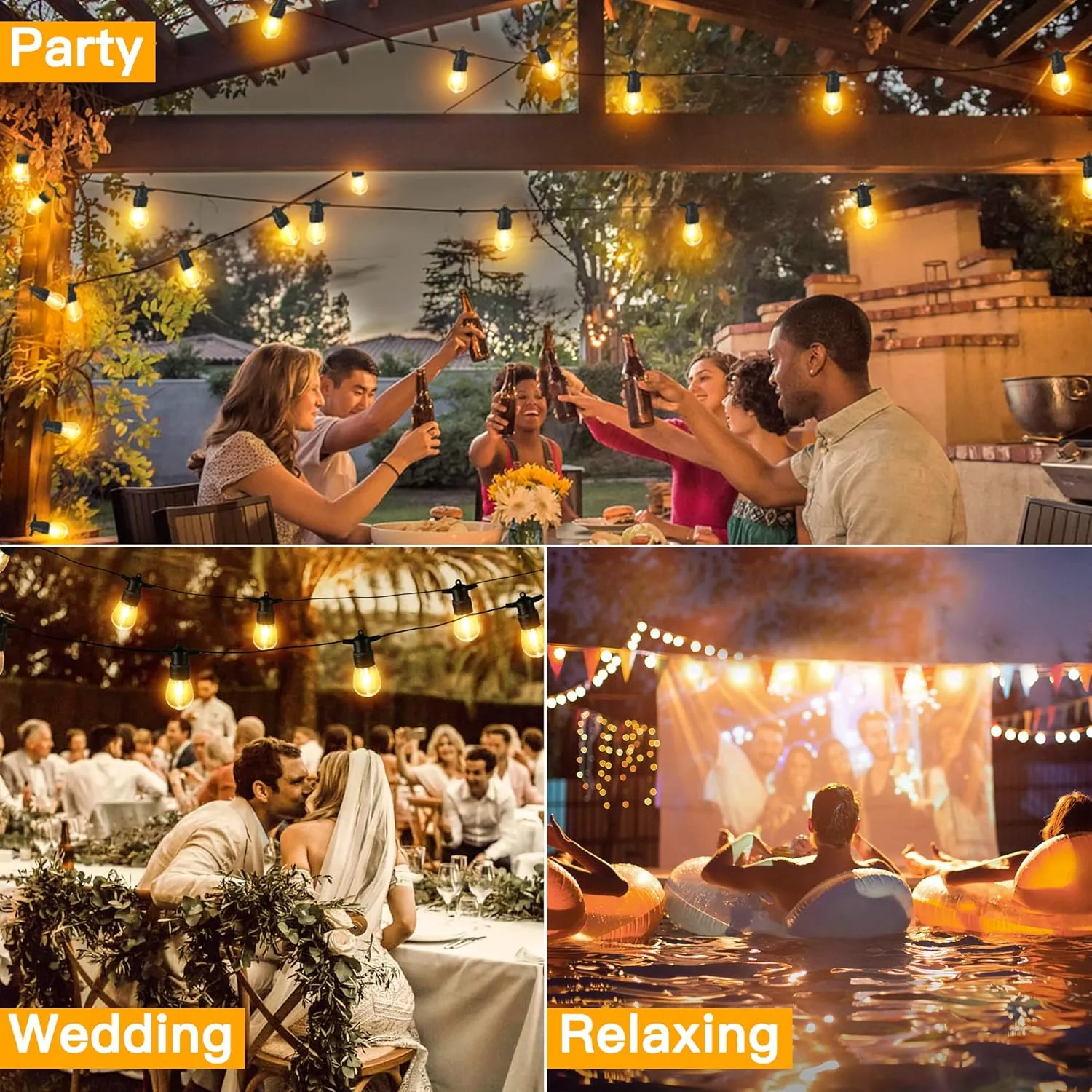 Ollny Outdoor String Lights, 100 FT Waterproof Connectable Patio Lights with 30 Shatterproof Bulbs(3 Spare), Outside Hanging Light for Balcony, Porch, Yard, Garden, Backyard