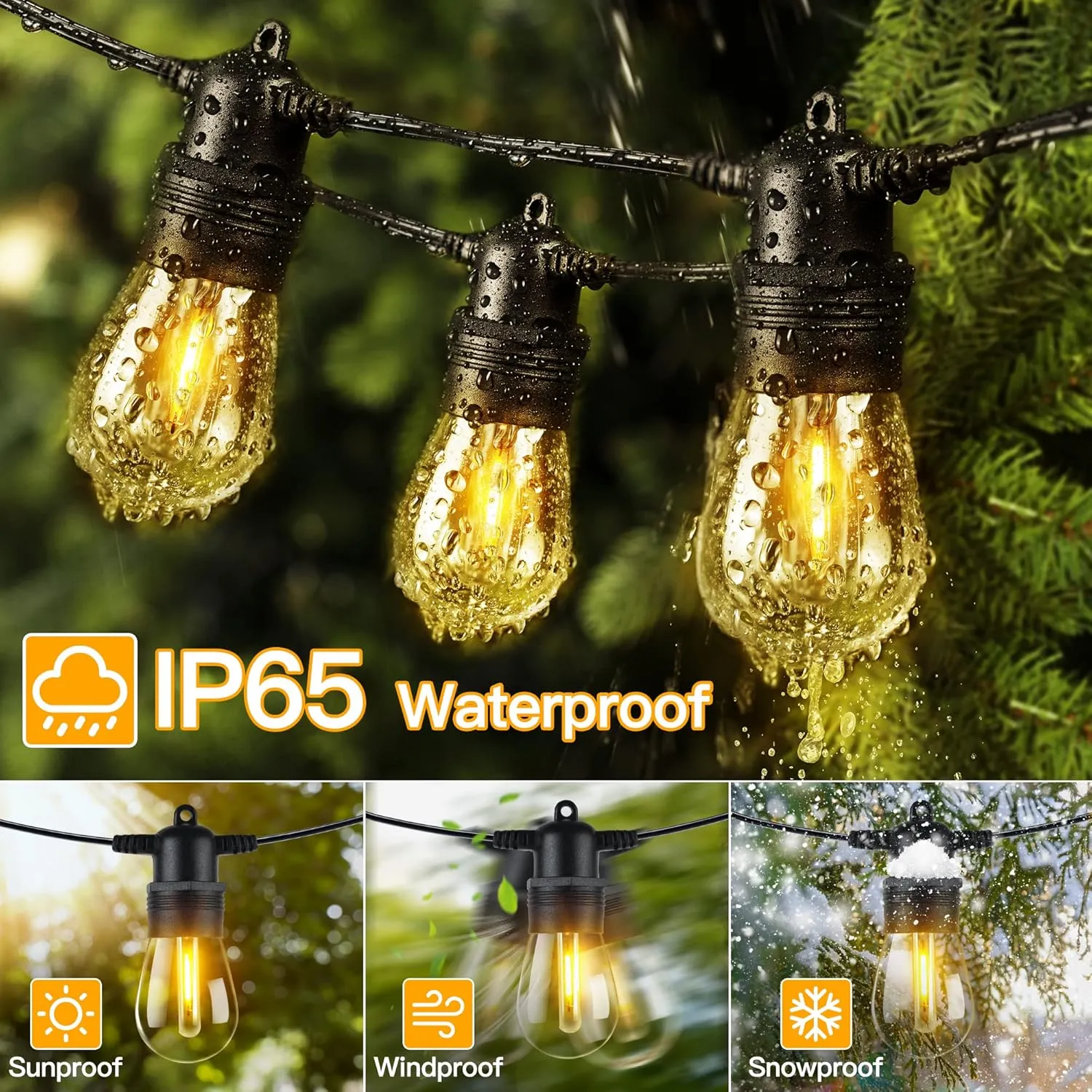 Ollny Outdoor String Lights, 100 FT Waterproof Connectable Patio Lights with 30 Shatterproof Bulbs(3 Spare), Outside Hanging Light for Balcony, Porch, Yard, Garden, Backyard