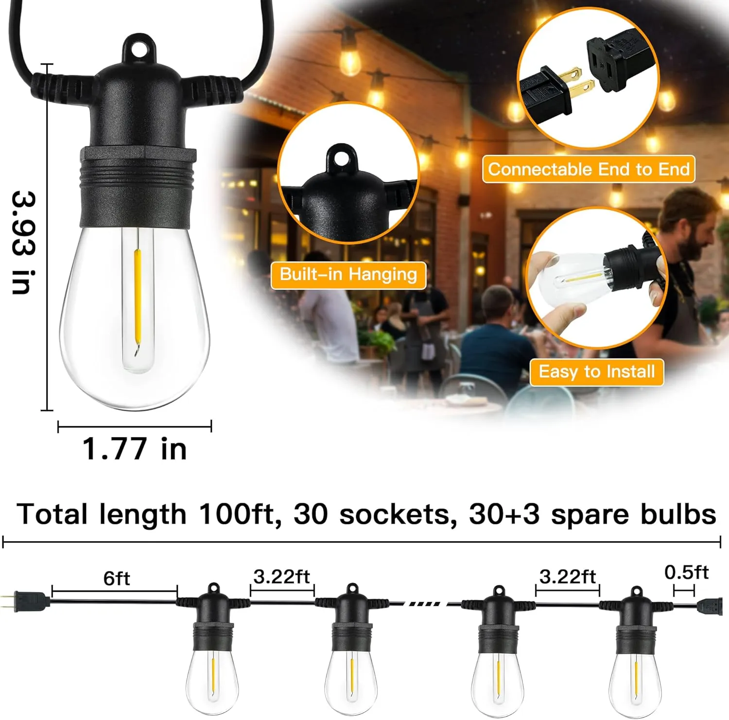 Ollny Outdoor String Lights, 100 FT Waterproof Connectable Patio Lights with 30 Shatterproof Bulbs(3 Spare), Outside Hanging Light for Balcony, Porch, Yard, Garden, Backyard